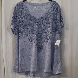 0x 1x 2x 3x Style Co Blue Paisley Floral Space Dye Casual V Neck Tunic Top Boho